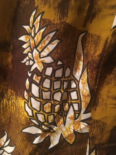 Vintage 1960s Hawaiian Dress ISLAND FASHIONS Pineapple Size 10 MuuMuu Brown Gold
