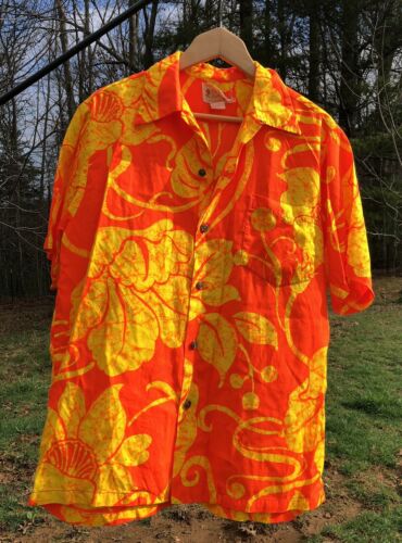 Large Vintage Neon Orange & Yellow Polynesia Bazaar Hawaiian Shirt Waikiki HI