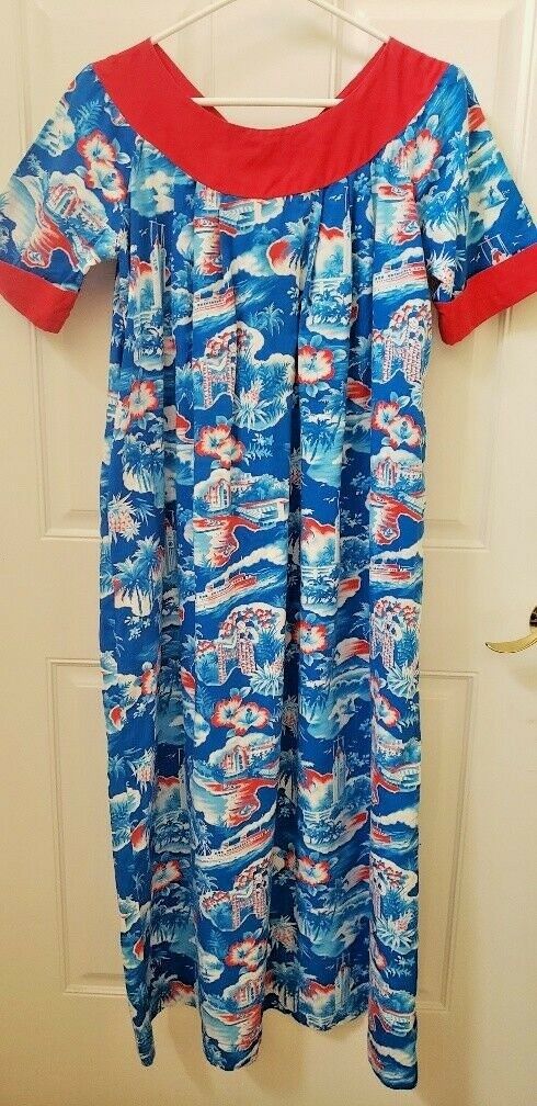 HAWAIIAN MuuMuu 50-60s LURLINE Pattern KILOHANA Women's XS Made in HAWAII Dress