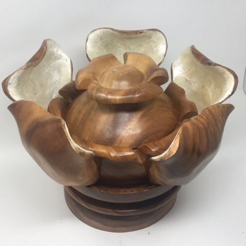 Lotus Flower Monkey Pod Wooden Bowl Mother of Pearl Lazy Susan