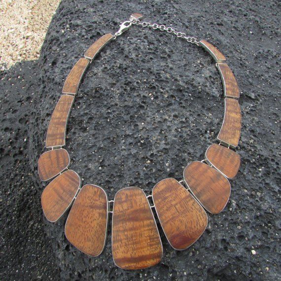 Hawaiian Koa Wood Handmade Necklace Collar. Sterling Silver.