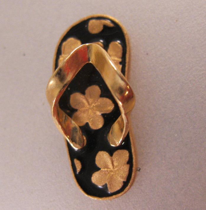 14K ARTISTICA Hawaiian Plumeria Sandal Flip Flop Pendant Black Enamel