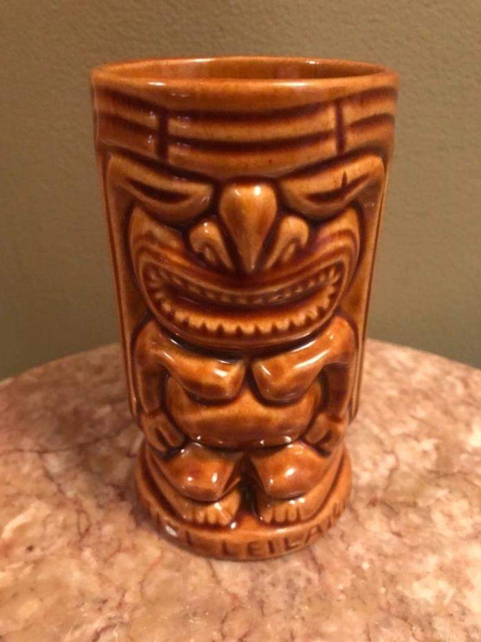 Vintage tiki glass cup Hawaiian souvenir raised brown ceramic island tropical