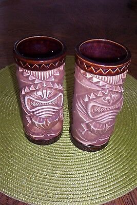Pair Hawaiian Pottery Tiki Cups Vases Carved Clay Barware Ocean Home 6
