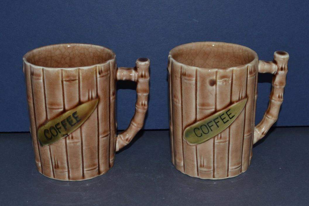 VINTAGE PORCELAIN BAMBOO LOOK COFFEE CUPS / MUGS SET OF 2