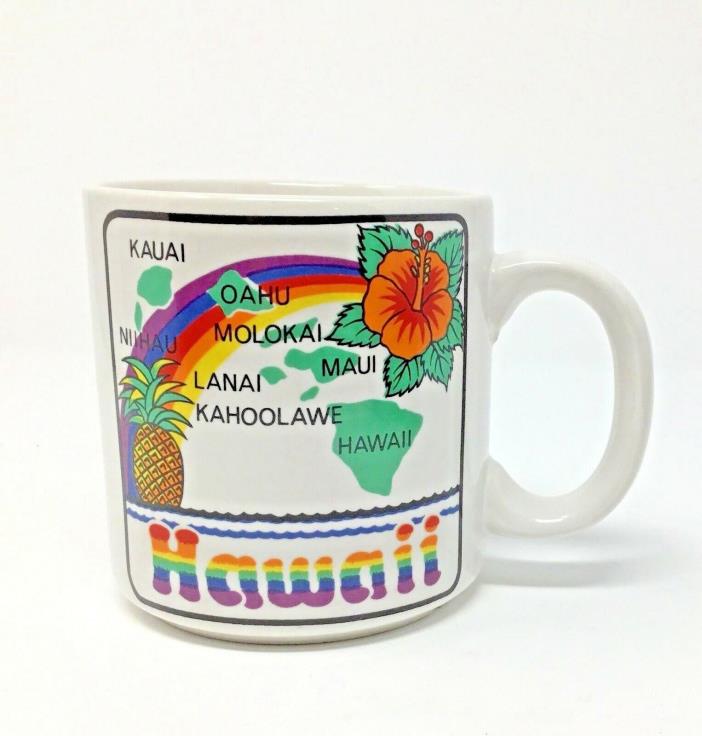 Hilo Hattie Mug~Hawaii~Map~Islands~Retro~Rainbow~Hibiscus~Hawaiian~Collectible~