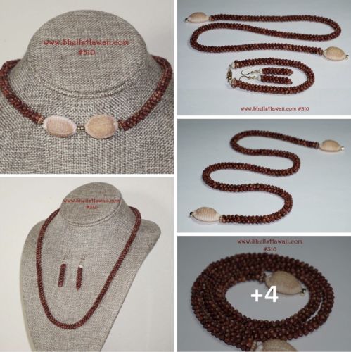 Matching set lei, earrings, bracelet of burgundy Kahelelani Shells #310