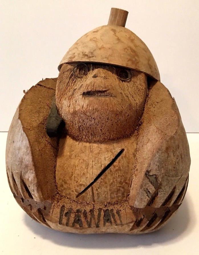 Vintage Hawaii Hand Carved Coconut Monkey Piggy Bank