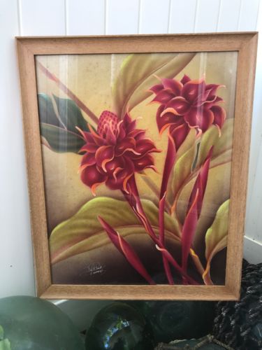 Vintage 1940’s Hale Pua Hawaii Painting by Frank Oda Torch Ginger