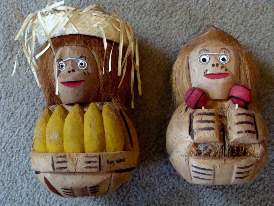 Vintage Pair Carved Coconuts Tiki Bar Monkeys w Bananas & Maracas Painted Exc