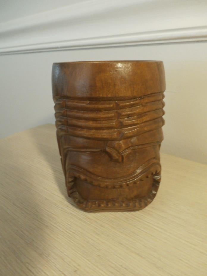 Vintage LARGE WOODEN TIKI MUG~ Wood Carved FACE ~MASK Design