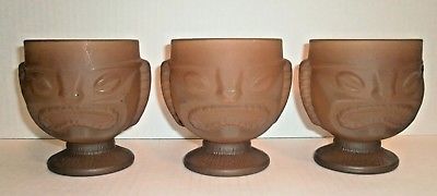 3 Tiki Mugs Painted Glass Vintage Hawaiian Tropical 2 Sided Tragedy Comedy