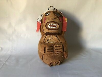 Vintage Hand Carved Painted Coconut Pirate w Bandana & Eye Patch 11