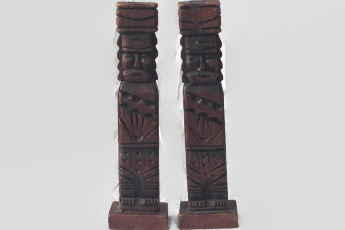 Wooden Carved Tiki Candleholders Set of 2