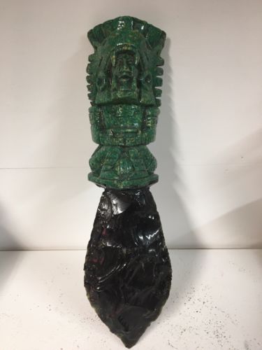 Aztec Inspired Obsidian/Malachite Ritual Knife-Jaguar Warrior With Offering