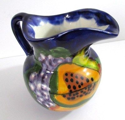 Mexican Pottery Cobalt Blue Pitcher Fruit Design Hand Painted Signed Mexico Q