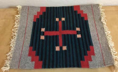 Zapotec Rug Table Pad Or Placemat, Southwest Woven Design, Fringe, Red, Grey