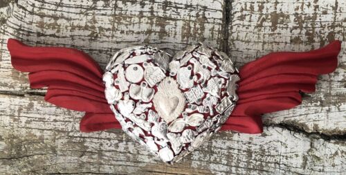 Carved Wood Milagros Heart with Wings, Winged Sacred Heart Mexican Folk Art Red