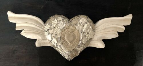 Wood Milagros Heart with Wings, Winged Sacred Heart Mexican Folk Art Off White