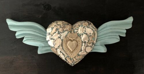 Carved Wood Milagros Heart with Wings, Winged Sacred Heart Mexican Folk Art Blue