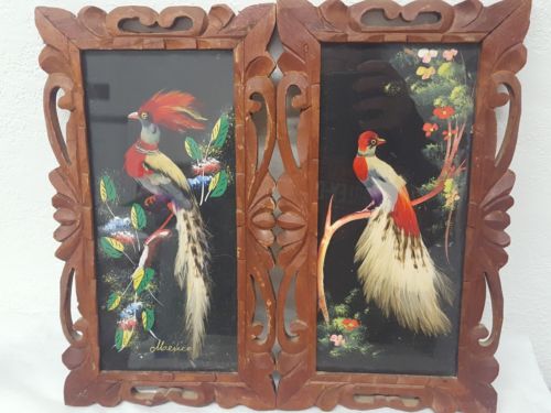 Vintage Mexico Feathercraft Hand Painted Bird Pictures Carved Frames Set Of 2