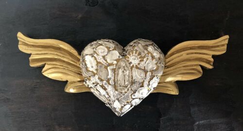 Carved Wood Milagros Heart with Wings, Winged Sacred Heart Mexican Folk Art Gold