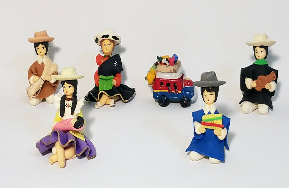 Ecuador Folk Art Clay Figurines lot 6 Hand Crafted with Fruit Van Bus Guayaquil