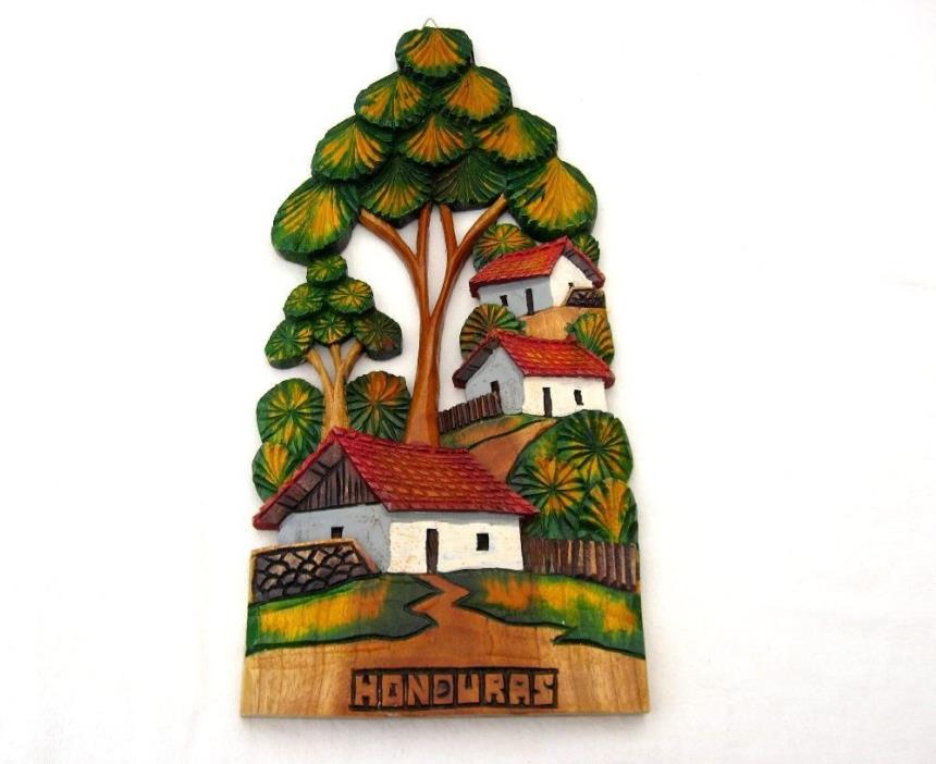 Hand Carved Painted HONDURAS 3-D Wood Wall Hanging Plaque Village Tree Art Decor
