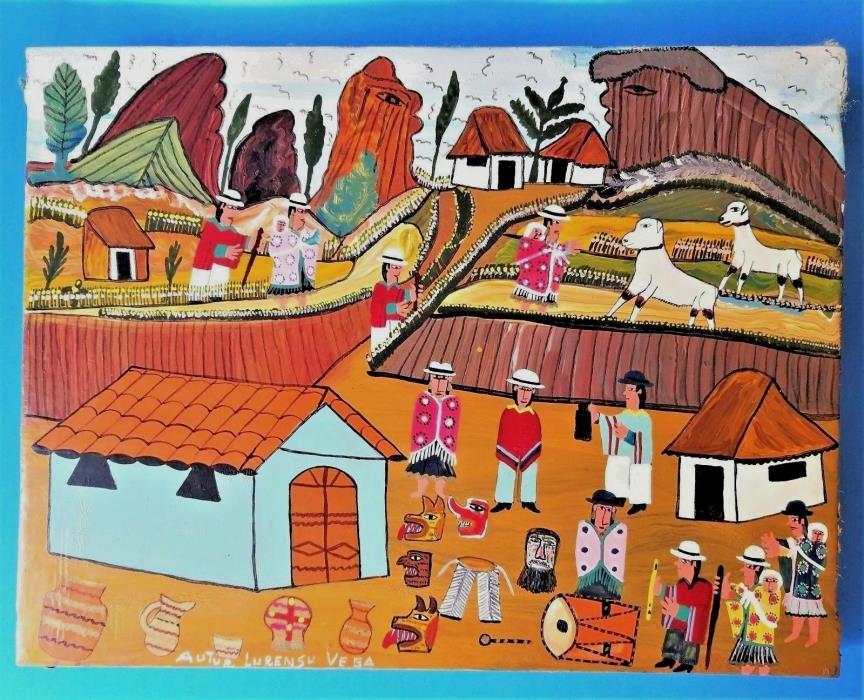 Ecuadoran Tigua Painting Rural Festival Preparation Autur Vega Folk Art Vintage