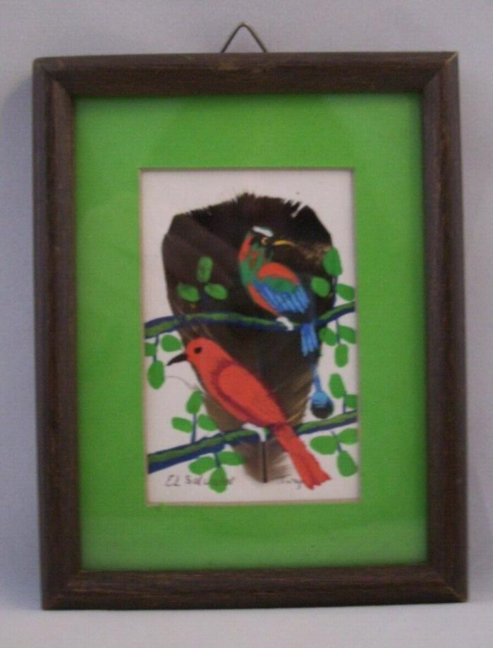 HAND PAINTED FEATHER from EL SALVADOR Small 3 x 4 inches Framed BIRDS PAINTING