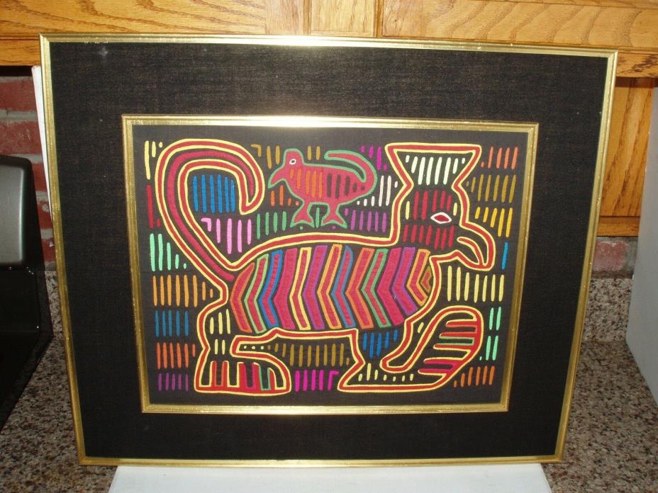 Vintage Mola San Blas Applique Embroidery Textile Animal Exotic Scene Framed #2