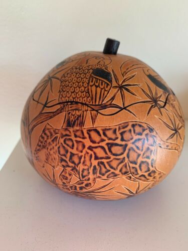Peruvian Hand Carved Gourd Jungle Animals & Birds trinket Box