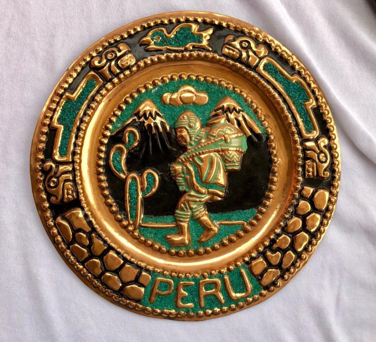 Large 12” Vintage Peruvian Native Hammered Copper Brass Wall Plate - Peru