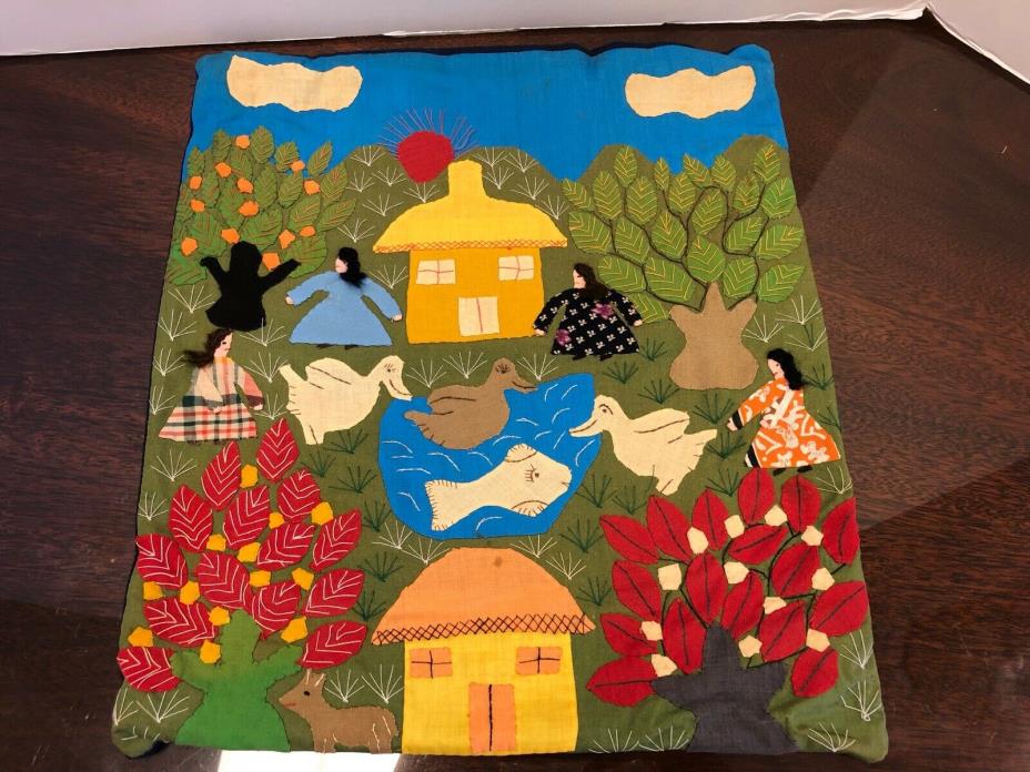 Vintage Hand Made Arpillera Folk Art Quilt Tapestry Pillow Case Cover