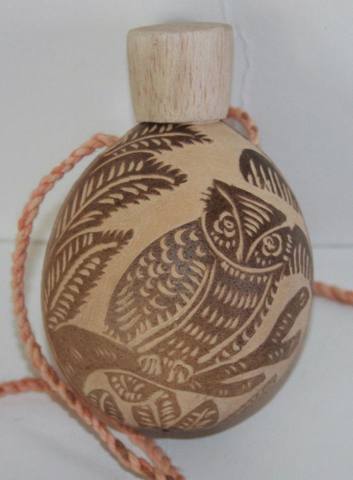 Owl Etched Gourd Flask With Carved Stopper On Lanyard 5