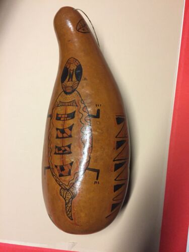 peruvian hand Painted gourd south american tribal art peru 17 1/2 Inches