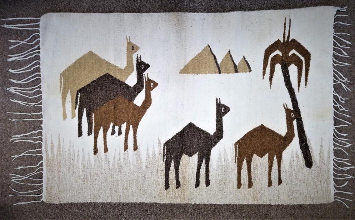 Vintage Egypt Hand Woven Wool Scenic Kilim Camels Pyramids Palm