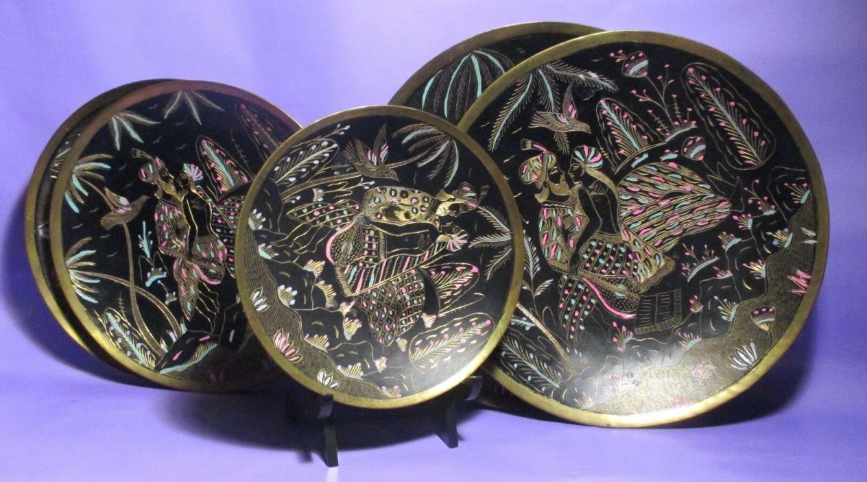 BRASS WALL HANGING  PLATES ETCHED & ENAMEL HAND HAMMERED & PAINTED FIVE PLATES