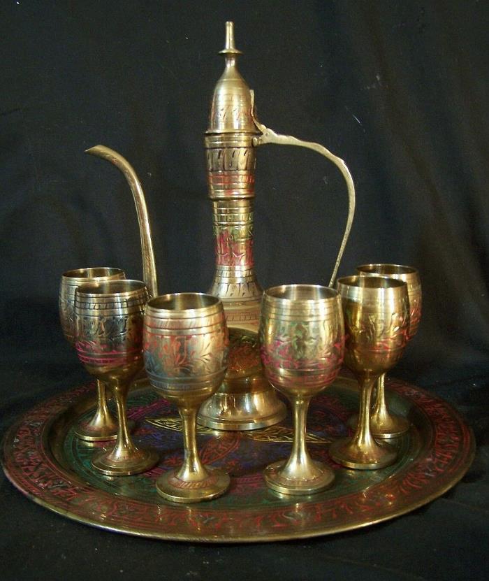 Vintage Solid Brass Mid Eastern Dallah Coffee Tea Pot Set w Tray & 6 Cups Enamel