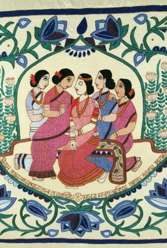 Vintage Middle Eastern Handmade Embroidery on Silk Tapestry Framed Artwork