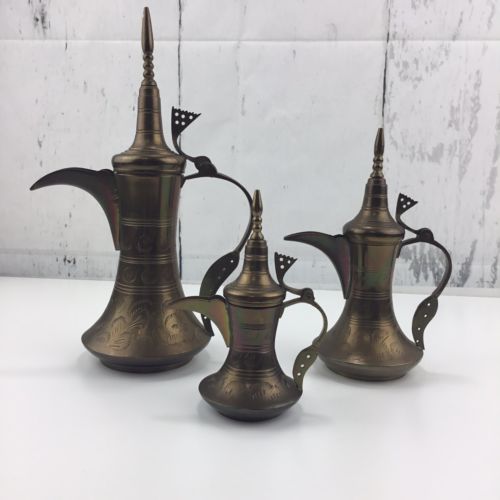 VTG Set 3 Brass Islamic Dallah Arabic Coffee Pots Middle Eastern India Signed