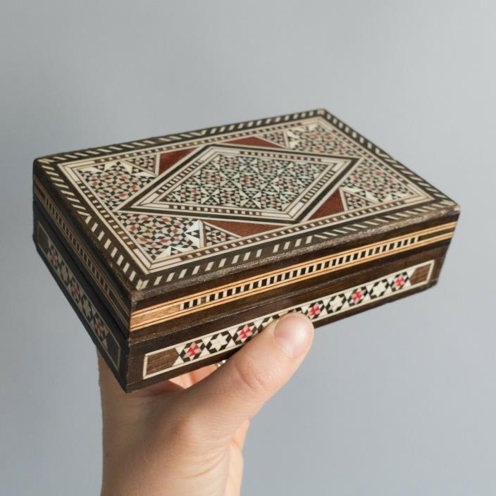 Vintage Syrian Wooden Mosaic Inlay Box Middle Eastern Marquetry Decorative Arts