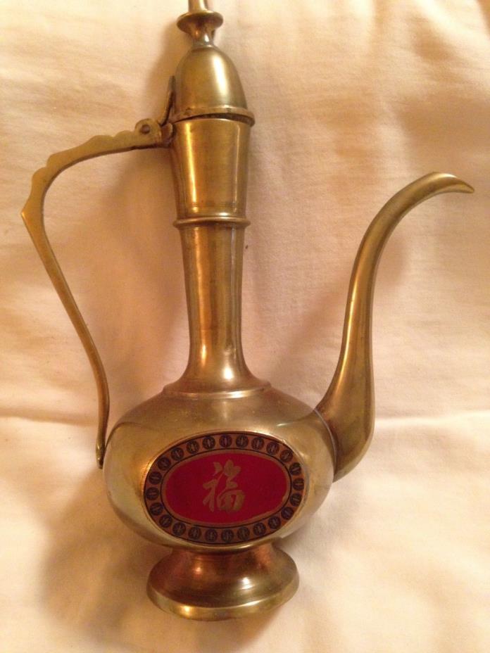 Vintage Middle East Brass Tea Pot Pitcher Red Enamel Emblem