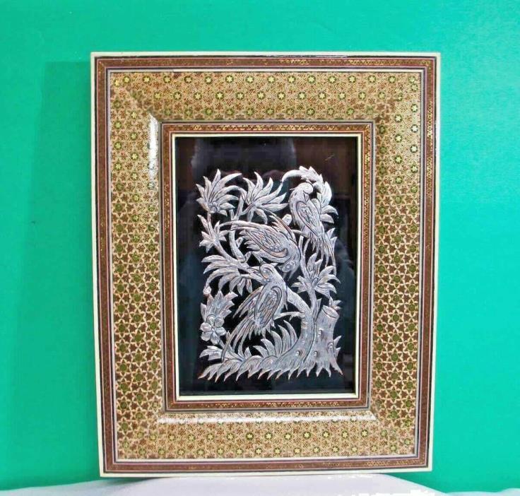 Vintage PERSIAN Hand Cut SILVER ART BIRDS ON TREE Khatam Inlaid Marquetry Frame