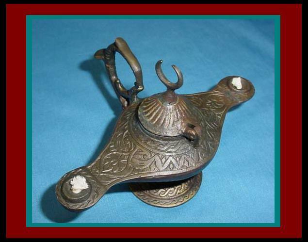 Persian / ISLAMIC Embossed BRONZE Double Font OIL LAMP with CRESCENT MOON FINIAL