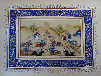 Exquisitely Painted Miniature Persian Polo Game Painting on Thin Panel