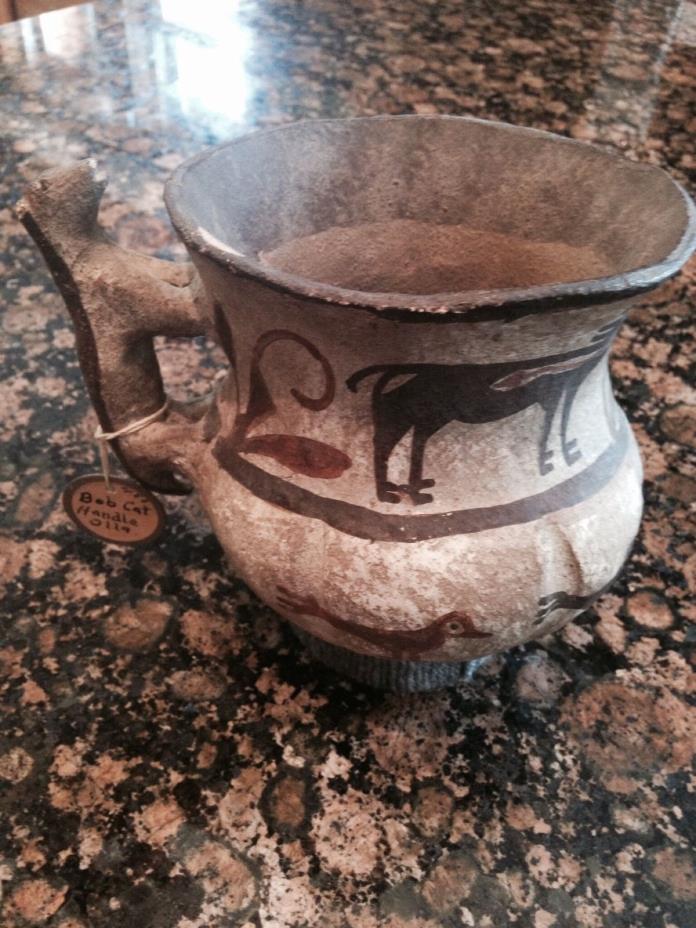 Zuni Zia Olla pitcher with Birds and Deer old 1875. Bobcat han. Size:  5 1/4 x 6