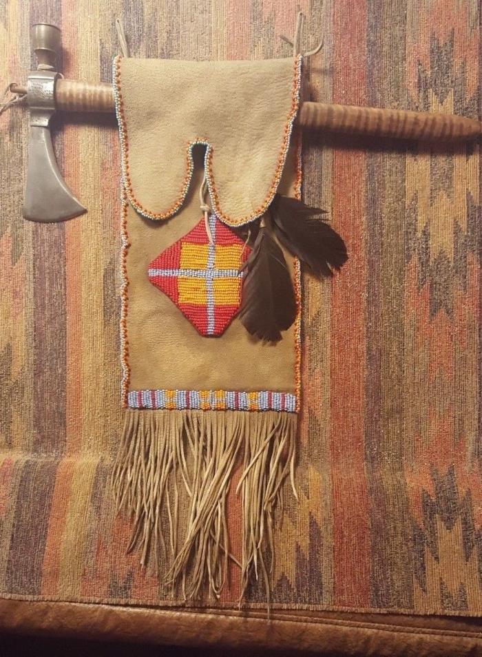 Black Foot Native American Tomahawk & Peace Pipe with Bead Work Bag