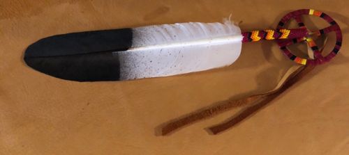 Beautiful New Lakota Beaded Imitation Eagle Feather With Quilled Medicine Wheel