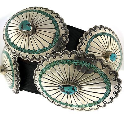 Navajo CJ Sterling Silver Morenci Turquoise & Chip Inlay Concho Leather Belt